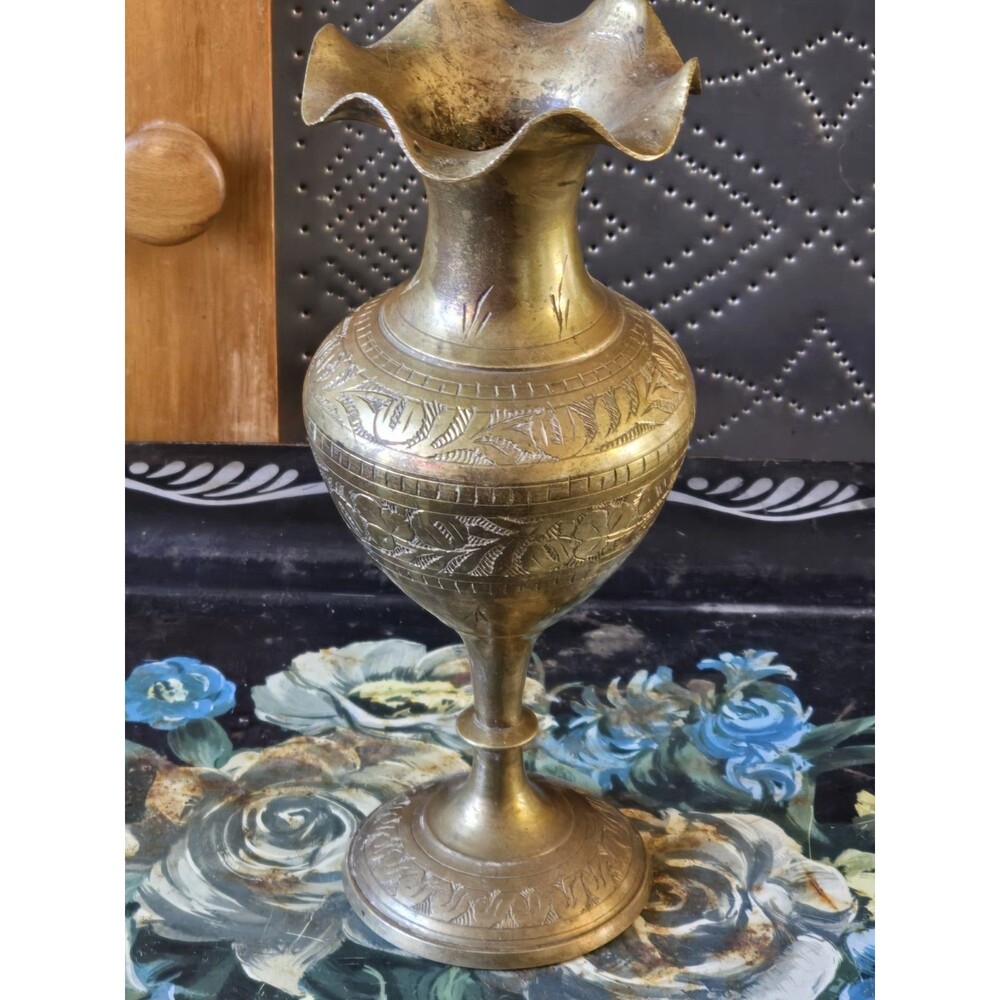Vintage Brass Etched Ruffle Edge VASE
